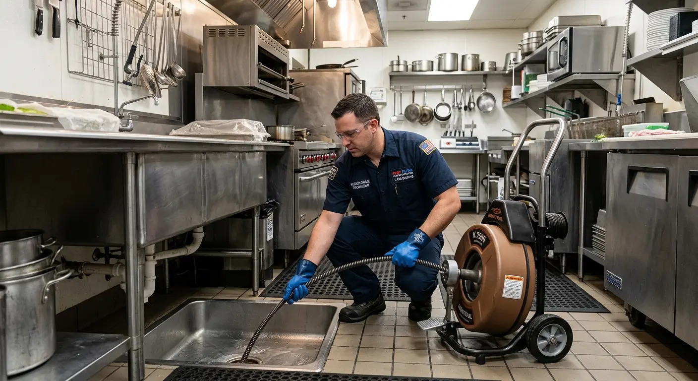 Commercial drain cleaning service in a restaurant kitchen in Caddo Mills