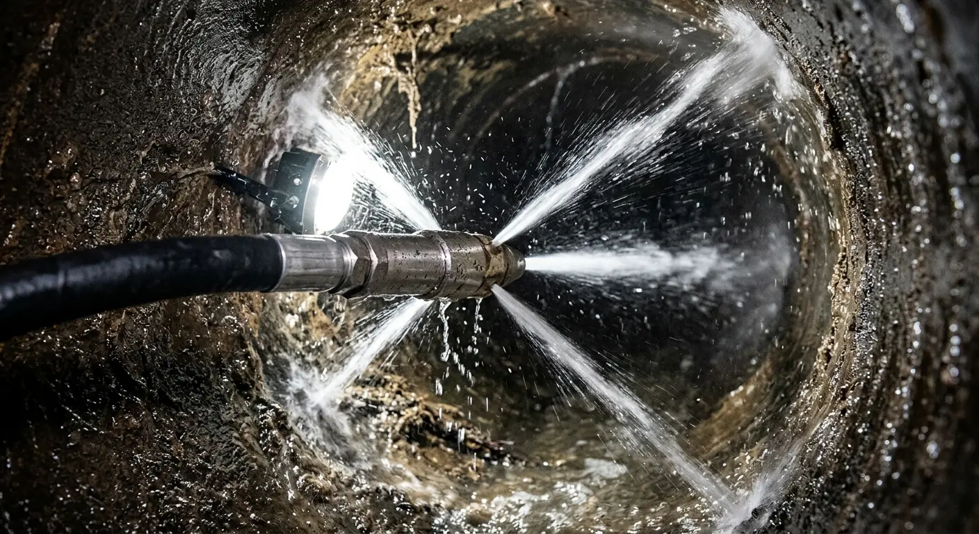 High-pressure hydro jetting nozzle cleaning sewer pipe for Storm Drain Cleaning in Caddo Mills
